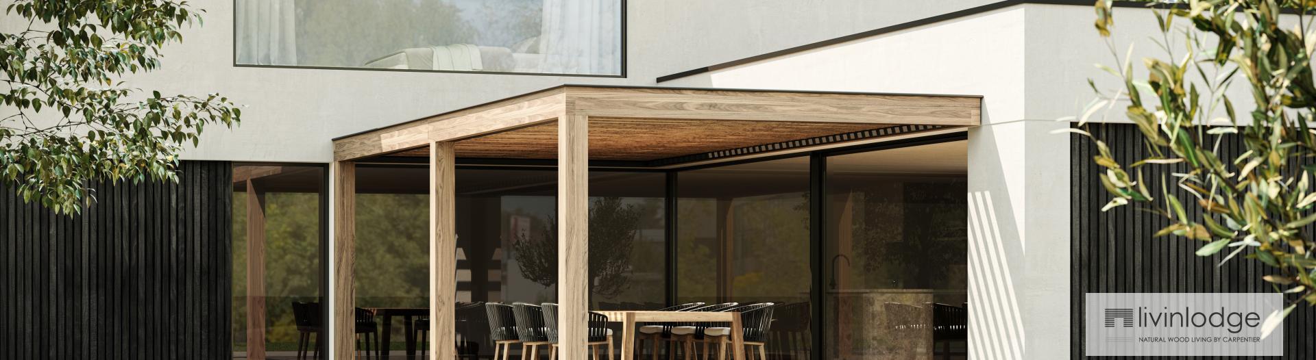 Minimalistisches Haus mit angebauter Terrassenüberdachung aus Holz