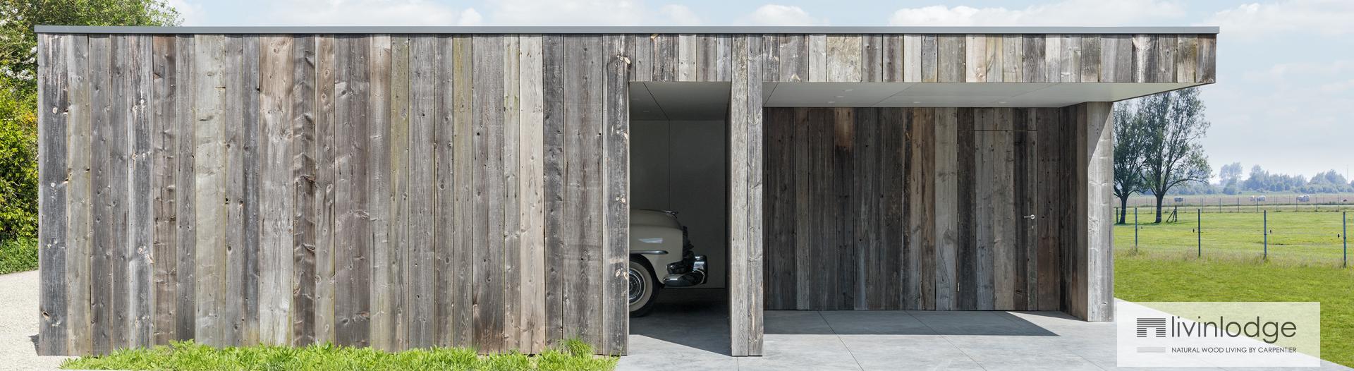 Moderne dubbele carport met berging en terrasoverkapping - houten bijgebouwen op maat
