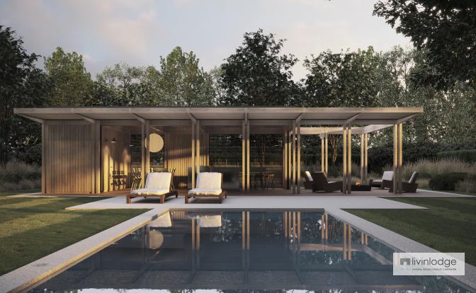 Modernes Poolhaus mit Holzterrasse und strukturellem Sonnenschutz