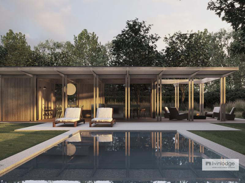 Modernes Poolhaus mit Holzterrasse und strukturellem Sonnenschutz