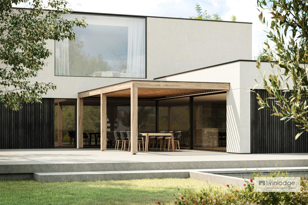 Angebaute Lamellen Terrassenüberdachung aus Holz an modernes Haus