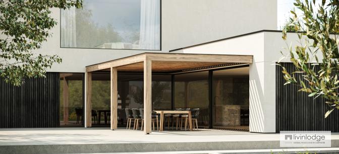 Minimalistisches Haus mit angebauter Terrassenüberdachung aus Holz Minimalistisches Haus mit angebauter Terrassenüberdachung aus Holz